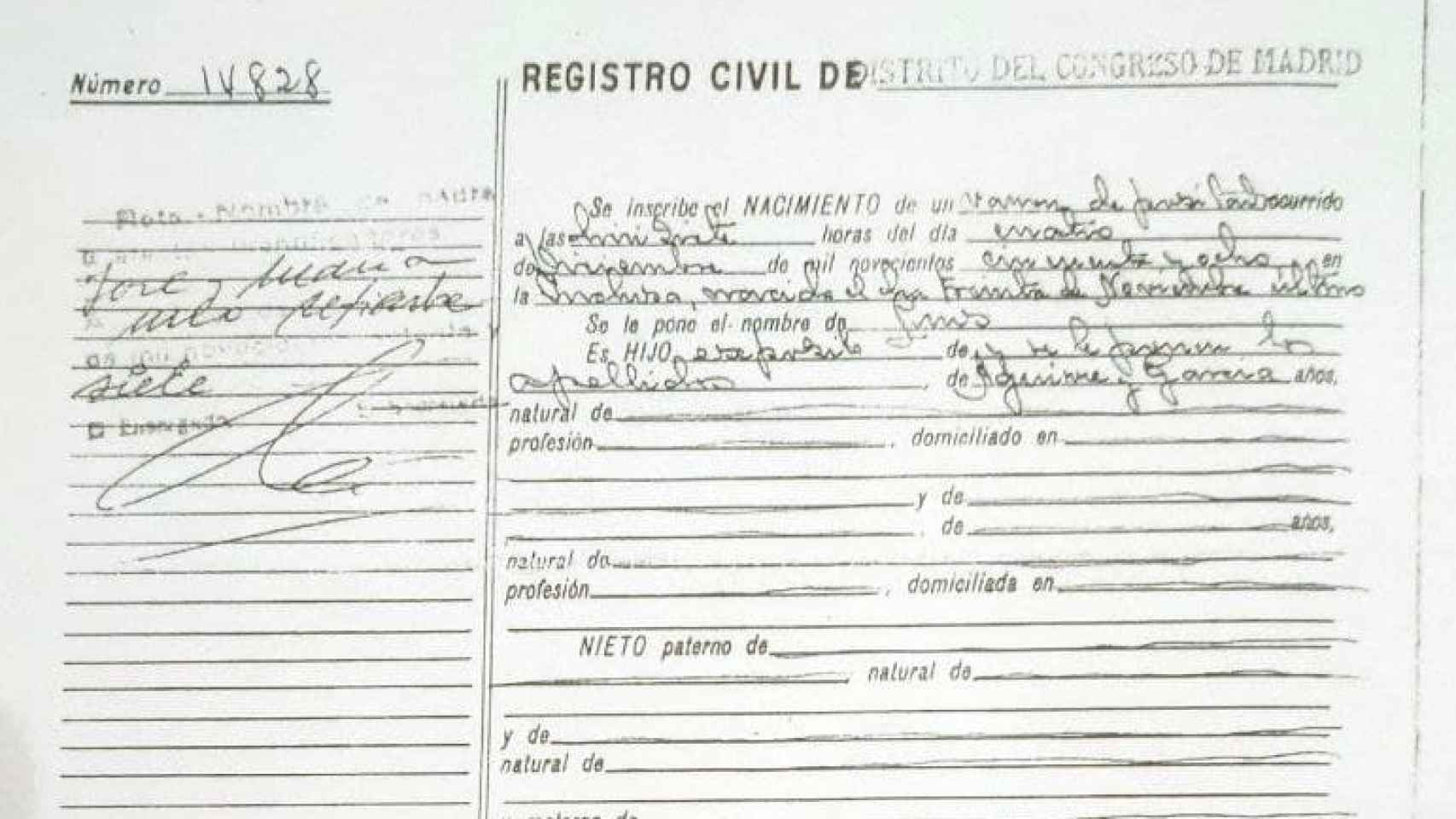 El acta de nacimiento de Luis Aguirre en el registro civil de Madrid.
