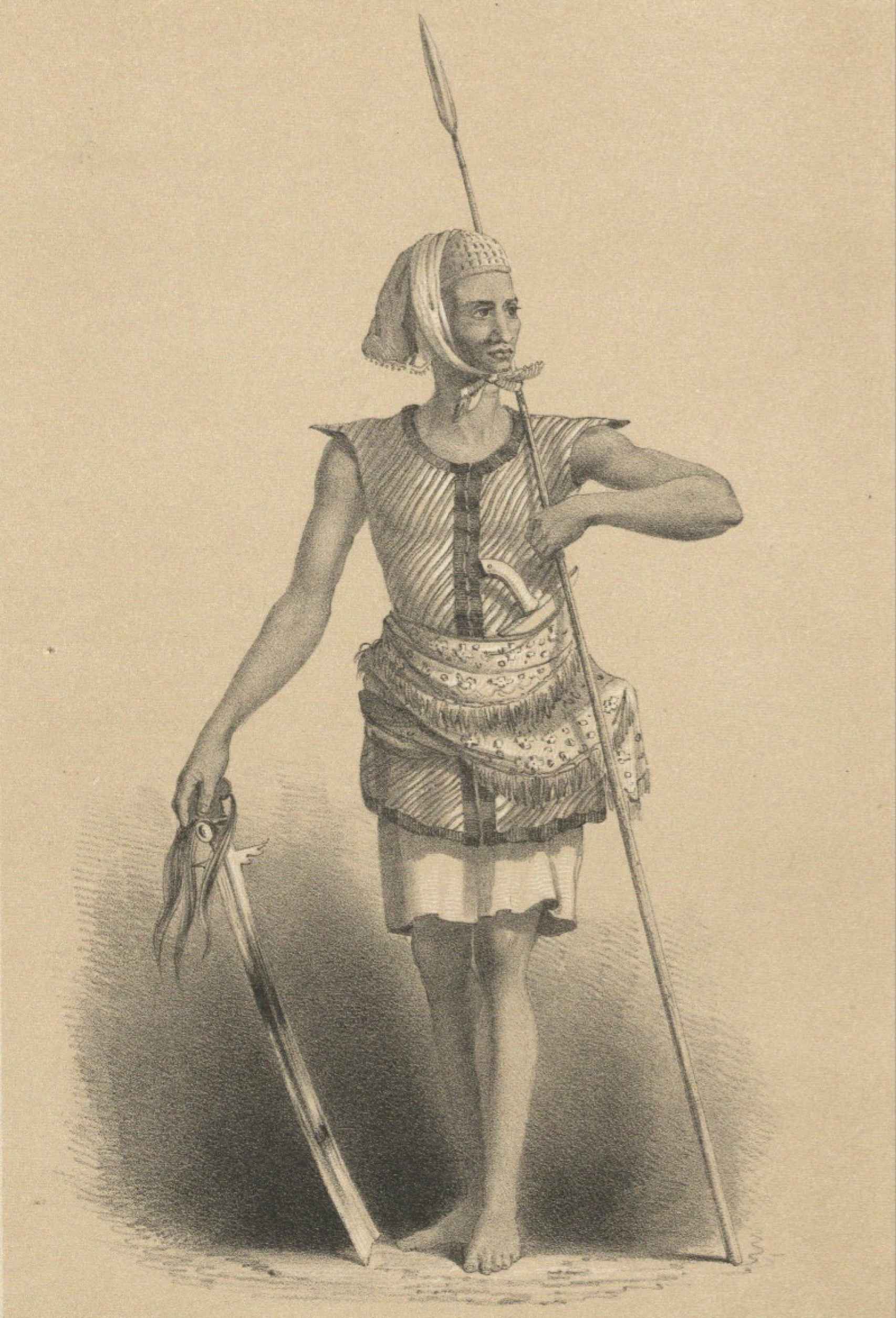 Pirata del mar de Joló armado con una espada kampeli, una lanza y un kris.