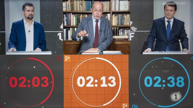 Los candidatos Luis Tudanca, Francisco Igea y Alfonso Fernández Mañueco durante el primer debate de las elecciones del 13-F.