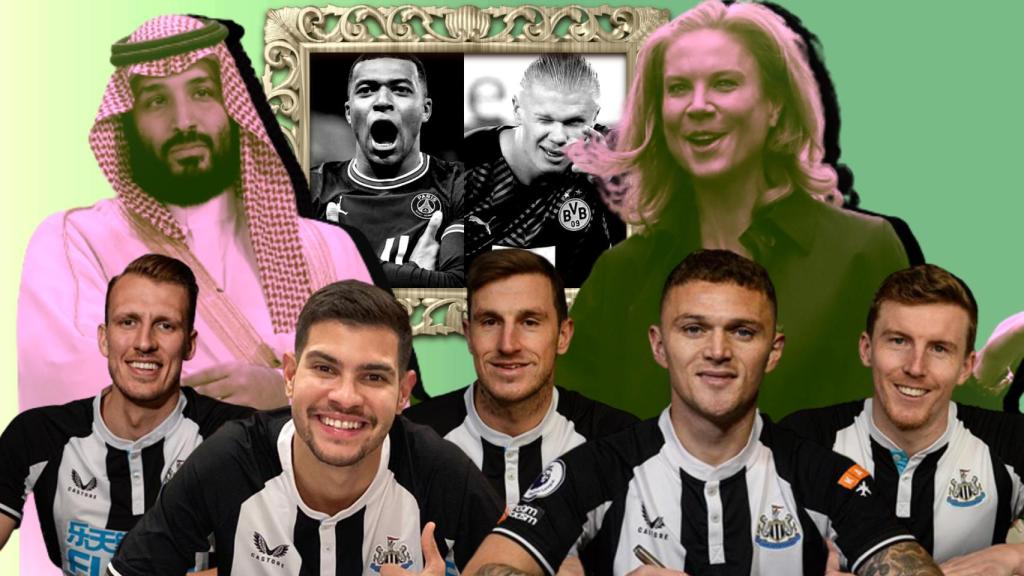 Los fichajes en el mercado de invierno del Newcastle United y los propietarios del club, en un fotomontaje con Kylian Mbappé y Erling Haaland.