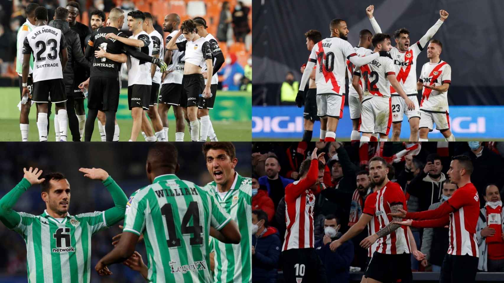 Los jugadores de Valencia CF, Rayo Vallecano, Real Betis y Athletic Club celebran el pase a las semifinales de la Copa del Rey, en un fotomontaje