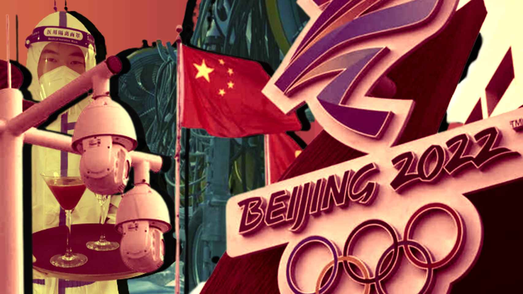 El cartel de los Juegos Olímpicos de Invierno de 2022, en un fotomontaje con las cámaras de vigilancia, un camarero con un EPI y los cañones de nieve artificial.
