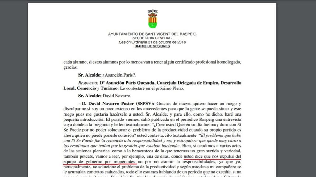 Acta del pleno de octubre de 2018 en el que el concejal de UP recuerda al alcalde que le ha tildado de inoperante.