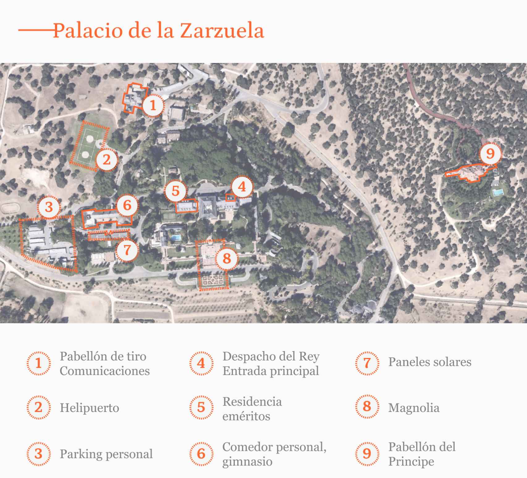 'Mapa' del recinto de la Zarzuela, con cada edificio señalado.