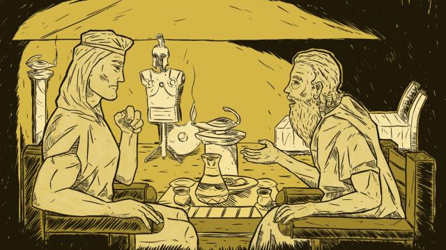 Príamo charla con Aquiles en su tienda