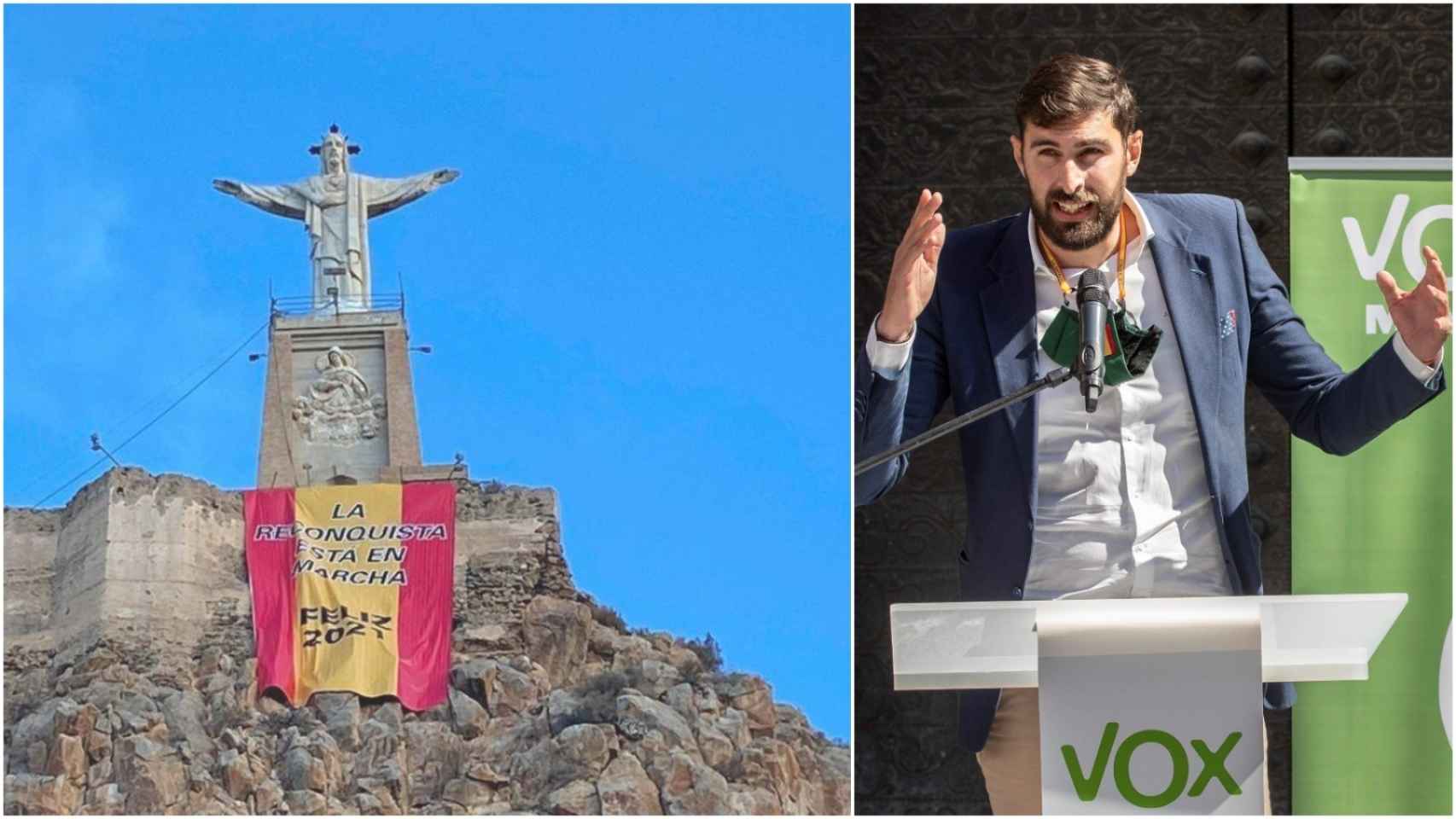 El Cristo de Monteagudo, el 1 de enero de 2021, con la bandera de la reconquista, junto a una imagen del presidente de Vox en Murcia, José Ángel Antelo.