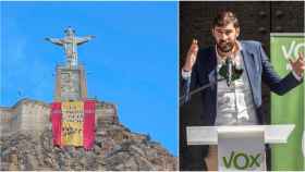 El Cristo de Monteagudo, el 1 de enero de 2021, con la bandera de la reconquista, junto a una imagen del presidente de Vox en Murcia, José Ángel Antelo.