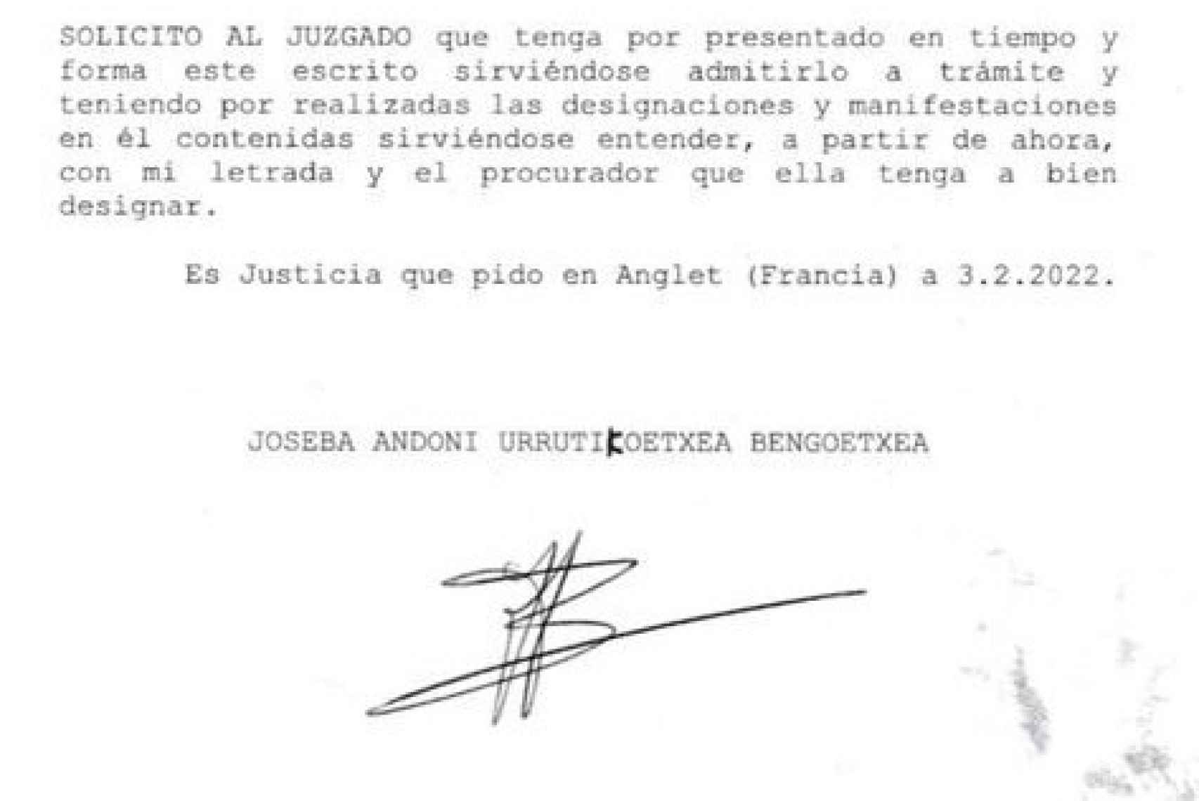 La carta que 'Josu Ternera' ha enviado desde Francia al Juzgado.