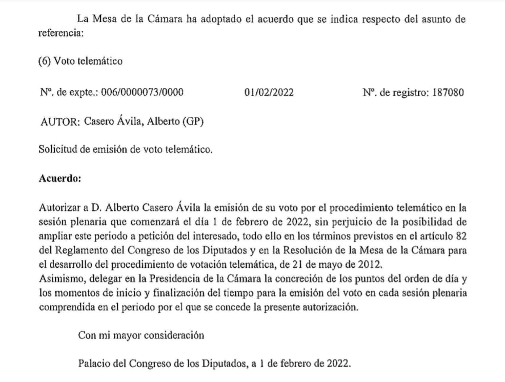 El documento por el que el Congreso autorizó a Alberto Casero a votar la reforma laboral de forma telemática.