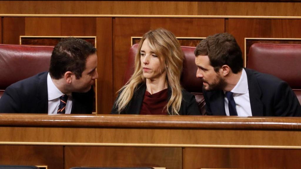 Teodoro García Egea, Cayetana Álvarez de Toledo y Pablo Casado en el Congreso de los Diputados.