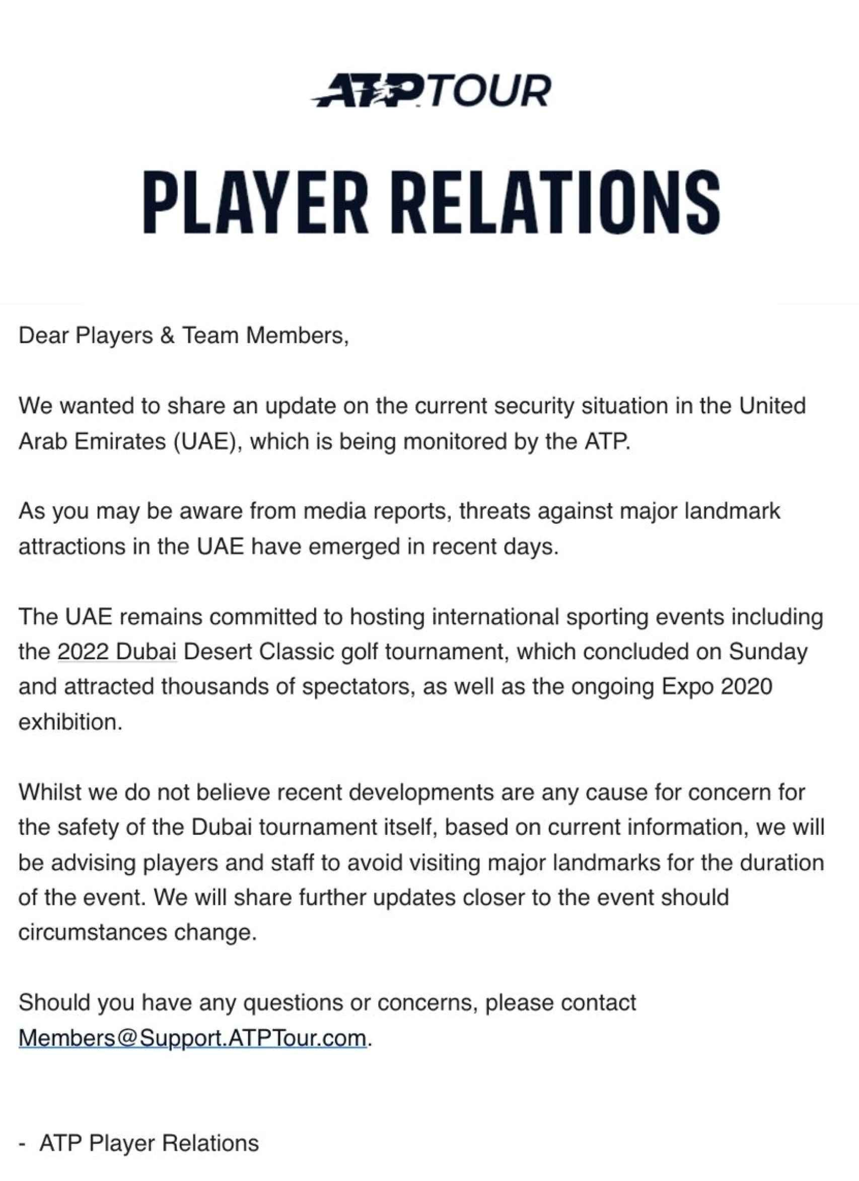 El comunicado de la ATP a los tenistas por el ATP 500 de Dubai.