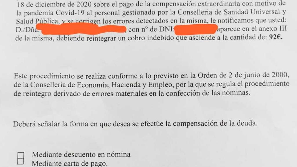 Notificación que han empezado a recibir los sanitarios valencianos.