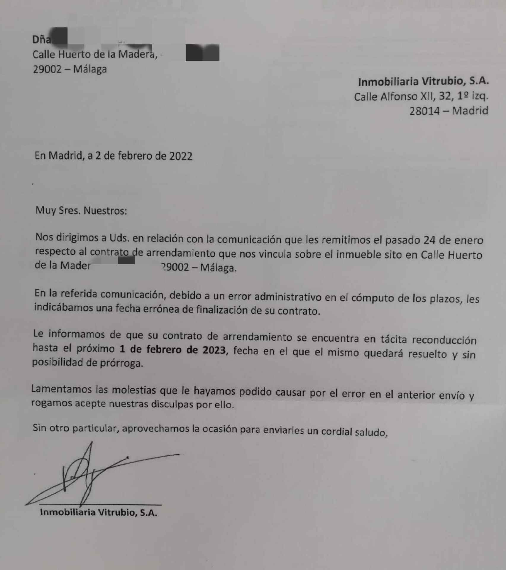 Carta de Vitrubio renovando el contrato a una de las inquilinas de El Perchel.