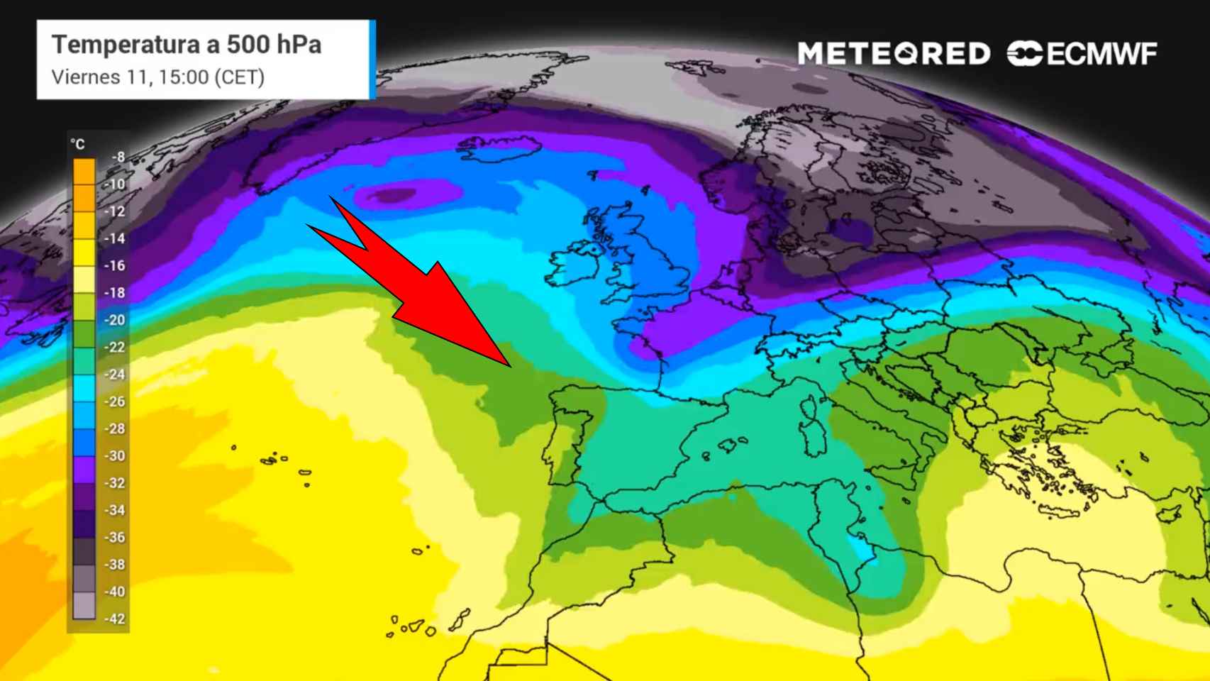 Masas de aire frío desplazándose sobre España. Meteored.