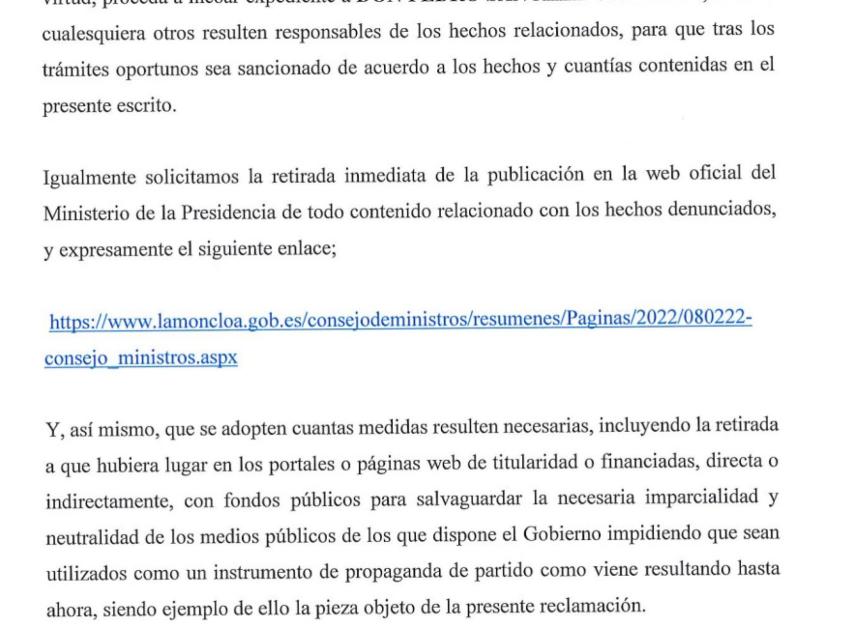 Fragmento de la denuncia presentada este miércoles por el PP ante la Junta Electoral Central (JEC).