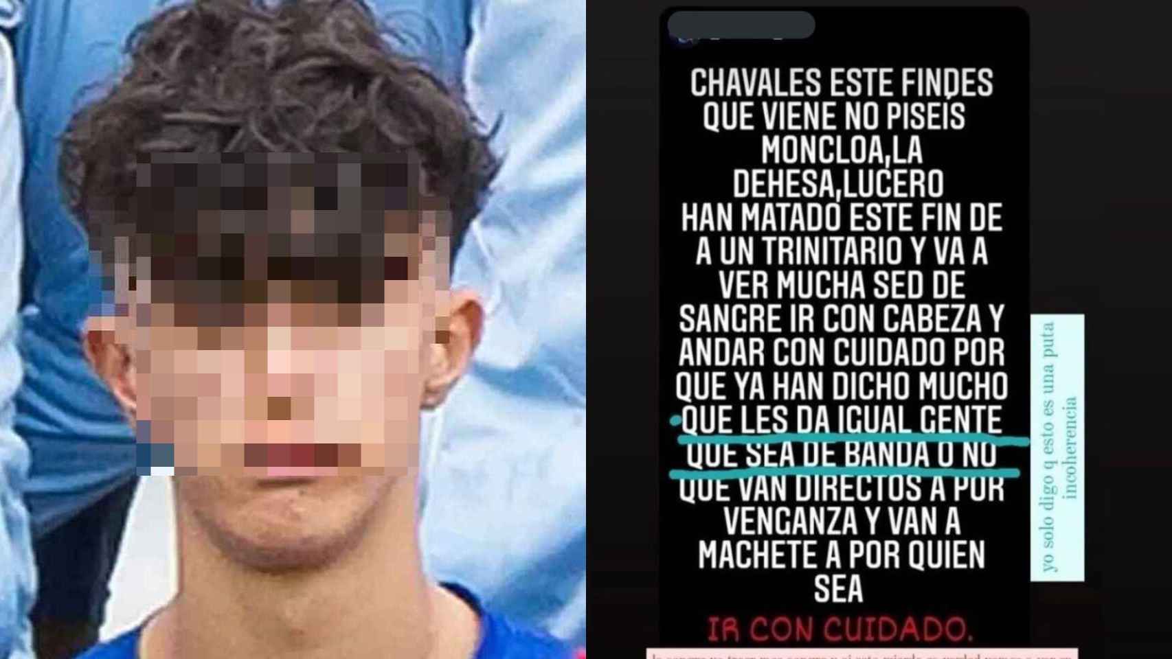 A la izquierda, Jaime Guerrero Messousi, el joven de 15 años asesinado este sábado en Madrid. A la derecha, un mensaje que advirtiendo del peligro.