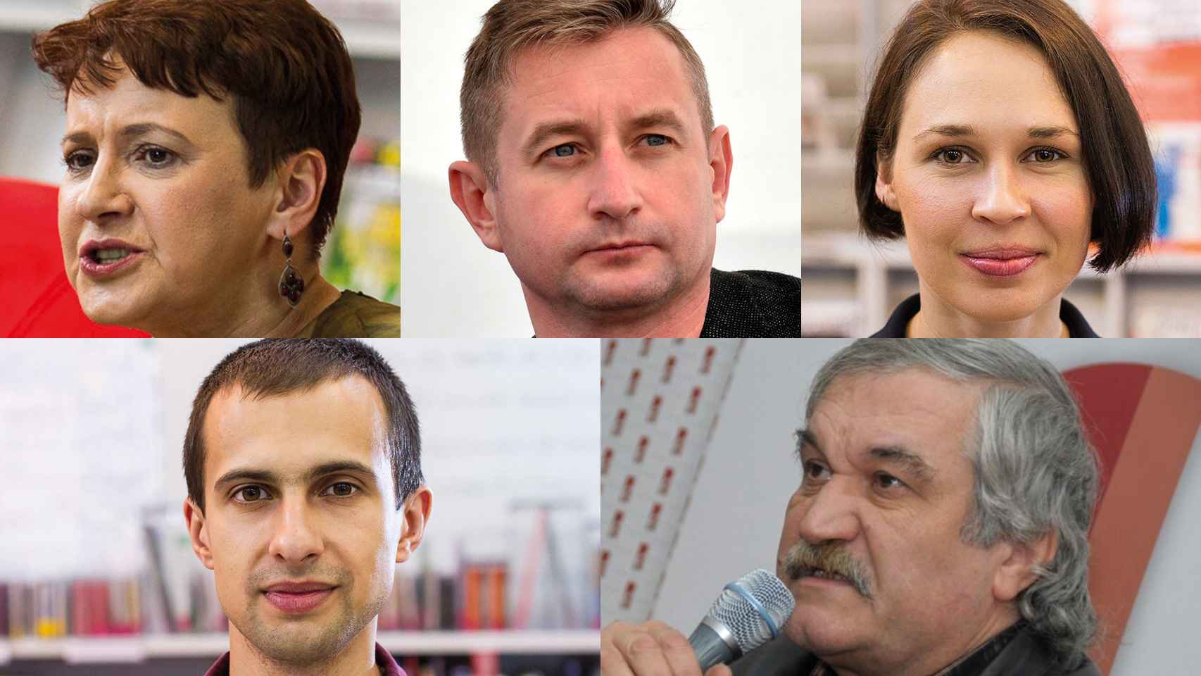 De izquierda a derecha y de arriba abajo, los escritores ucranianos Oksana Zabuzhko, Serhij Zhadán, Sofia Andrujovich, Lyubko Deresh y Vasyl Shklyar