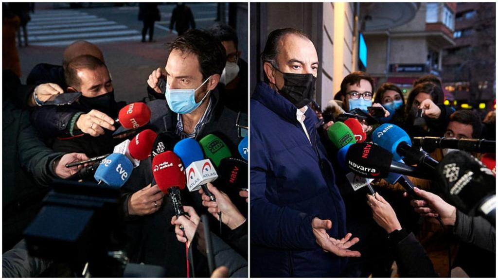 Los diputados de UPN, Sergio Sayas y Carlos García Adanero, atienden a los medios antes del Comité de Garantías de UPN.