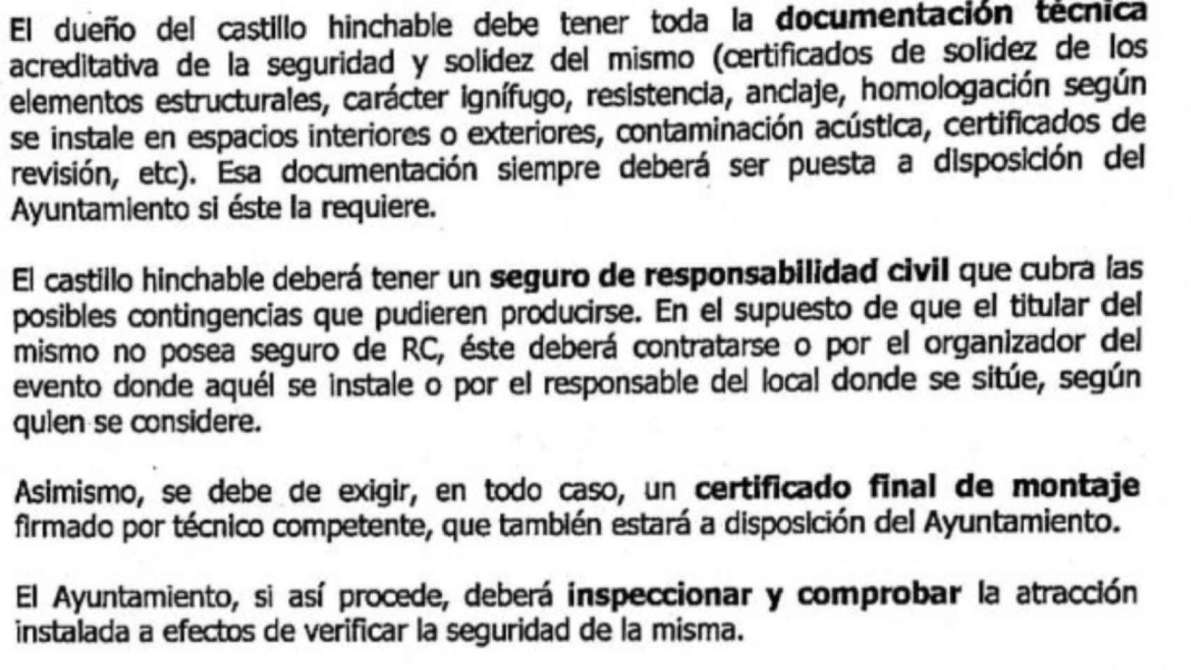 Extracto de la carta remitida por la Generalitat a los municipios en 2017 sobre castillos hinchables.