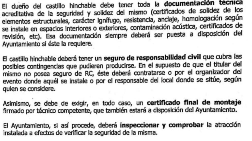 Extracto de la carta remitida por la Generalitat a los municipios en 2017 sobre castillos hinchables.