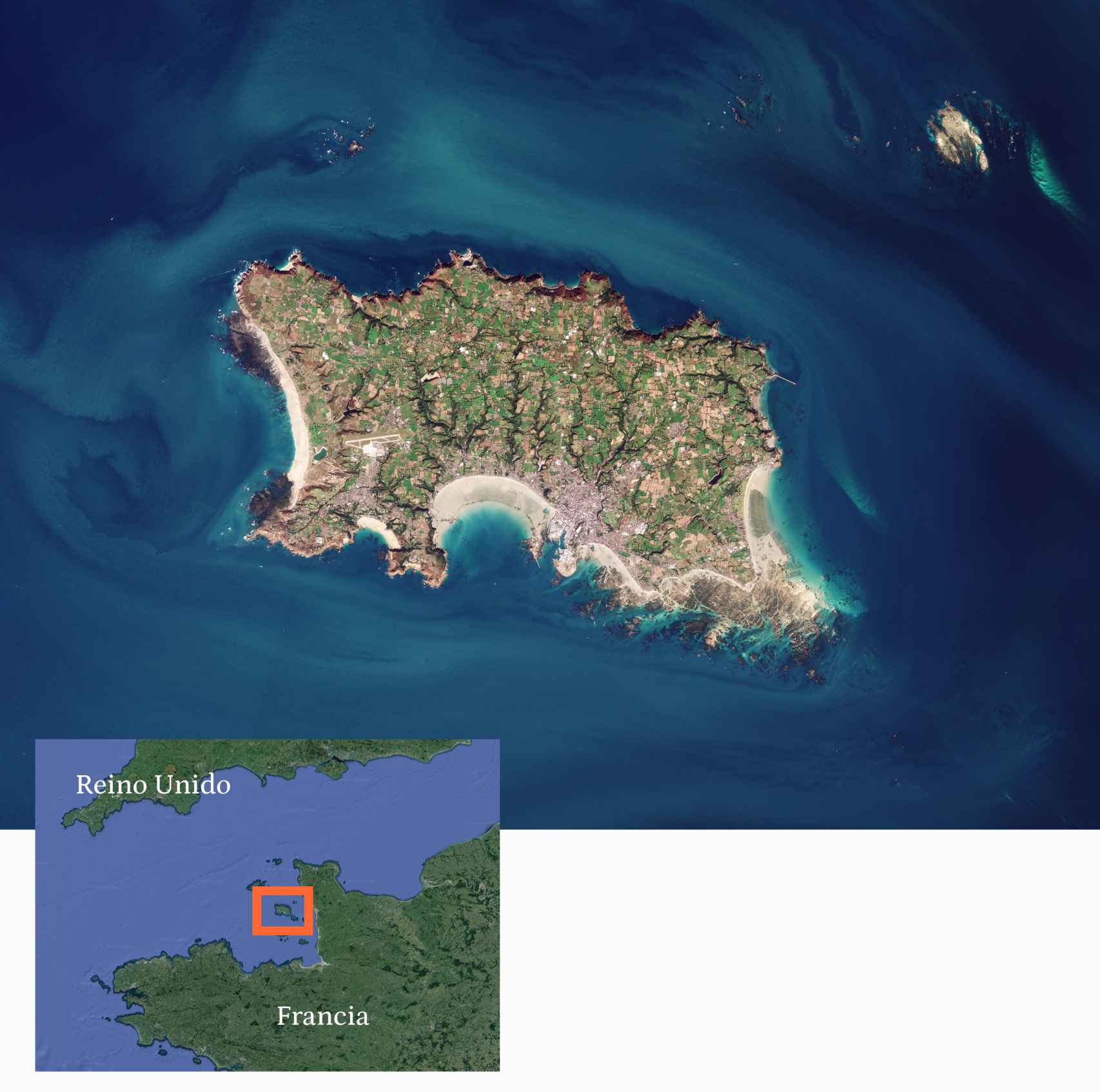 Vista aérea de la isla de Jersey y mapa de su situación.