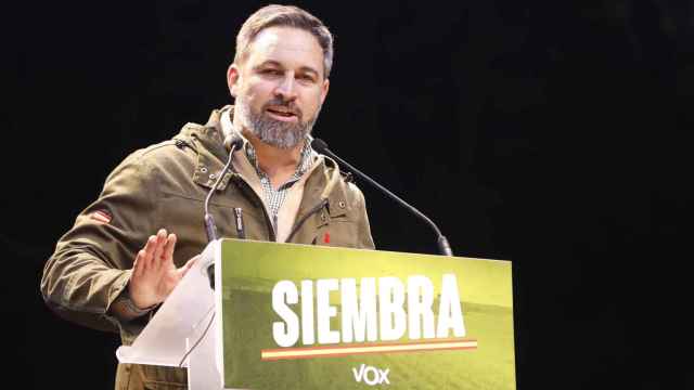 El presidente de Vox, Santiago Abascal, en un momento del cierre de campaña hoy en Valladolid
