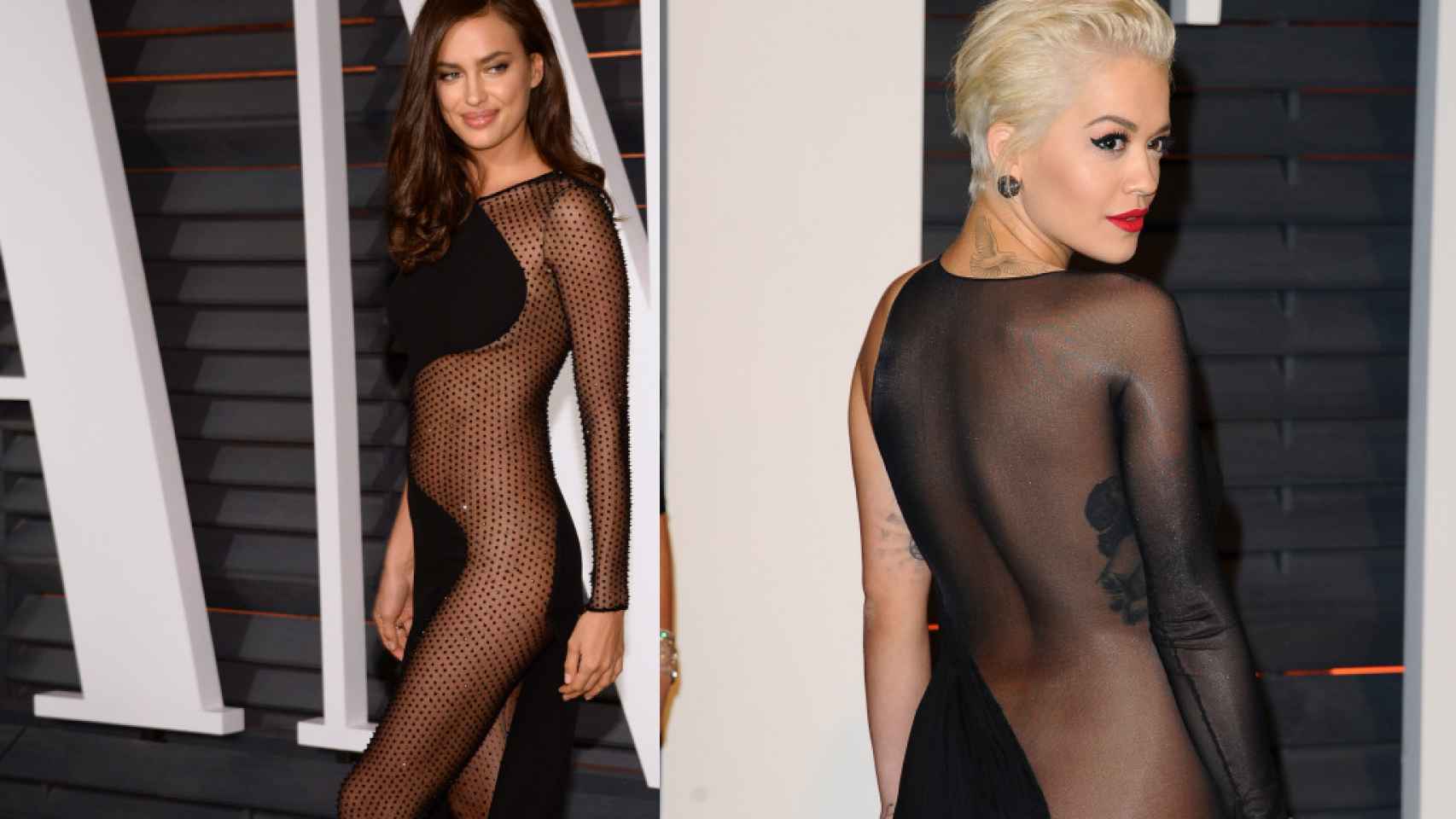 Irina Shayk y Rita Ora luciendo vestidos con transparencias.