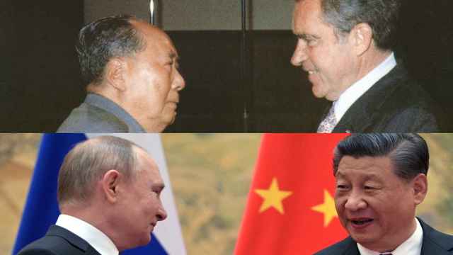 Mao Tse Tung con Richard Nixon (arriba) y Vladimir Putin con Xi Jinping (debajo).