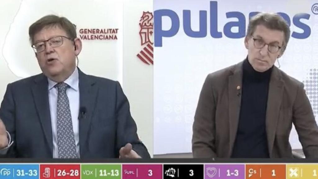 Ximo Puig y Alberto Núñez Feijóo, durante su intervención en el programa de TVE.