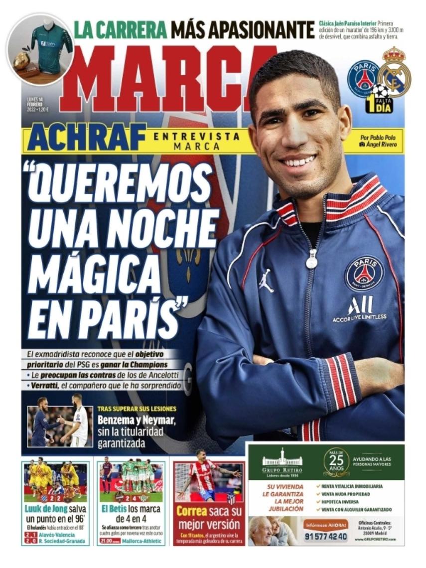 La portada del diario MARCA (14/02/2022)
