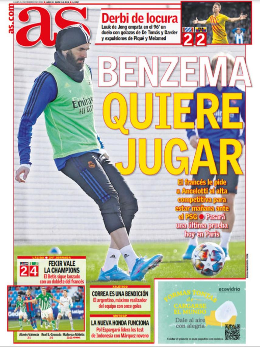 La portada del diario AS (14/02/2022)