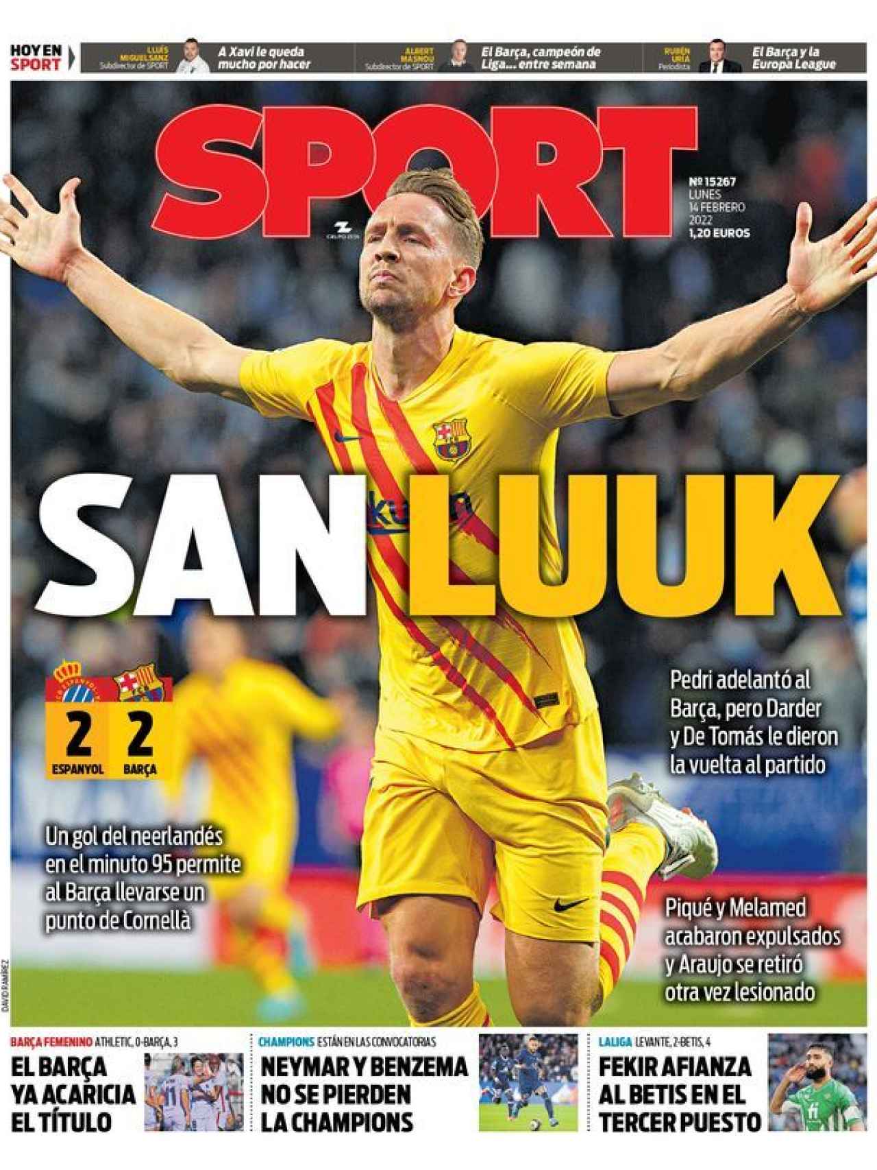 La portada del diario SPORT (14/02/2022)