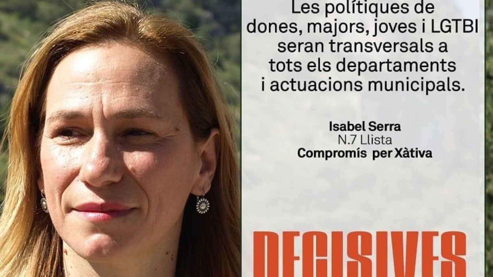 Imagen de campaña de Isabel Serra, candidata número 7 de Compromís en Xàtiva en 2019.