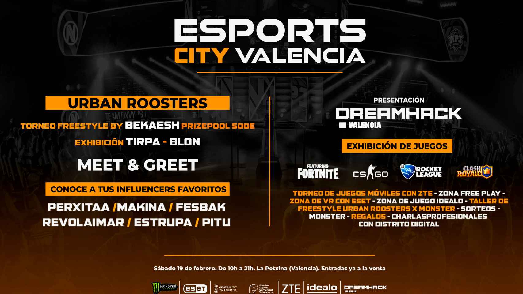 Programa y actos del evento presencial Esports City Valencia del 19 de febrero.