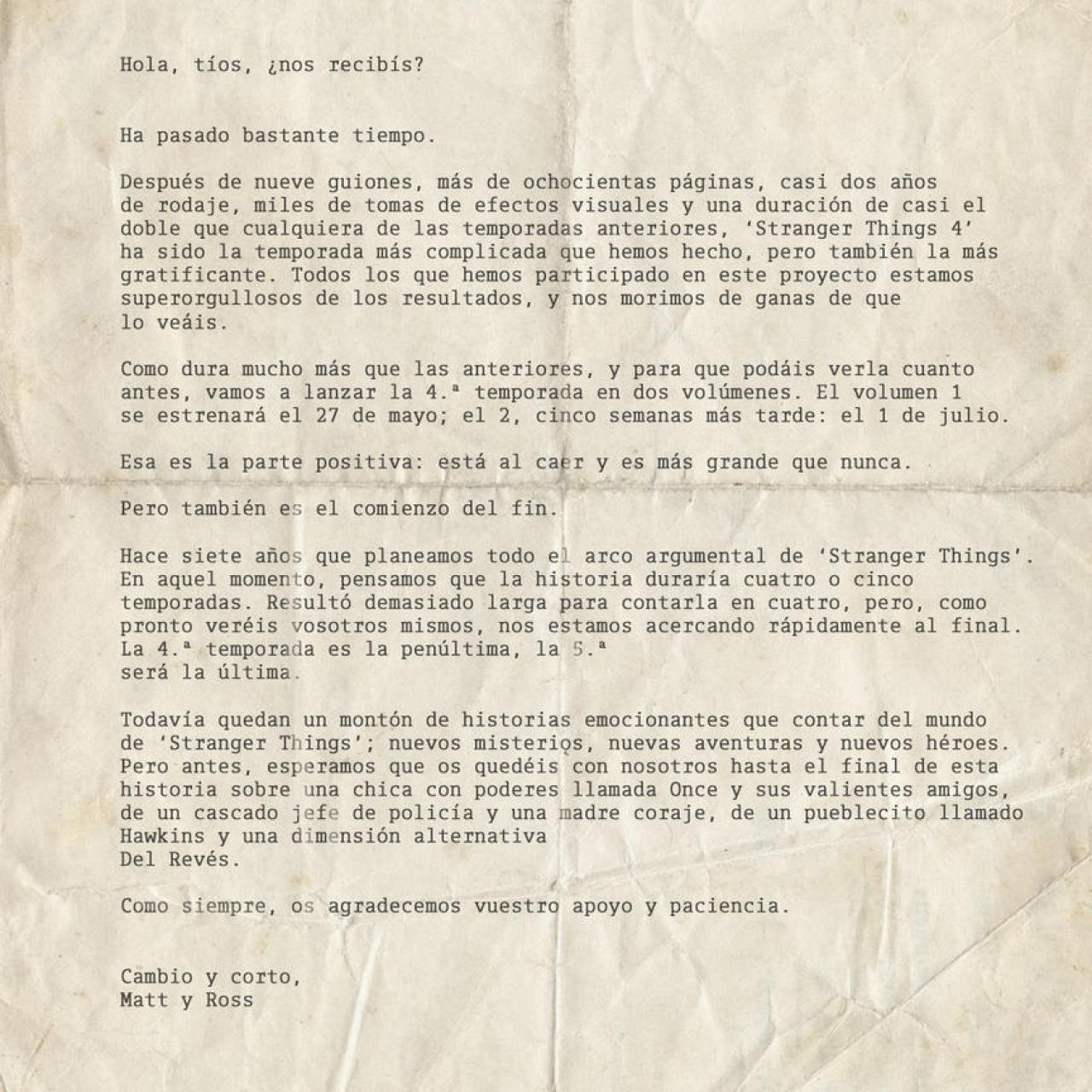 Carta de los hermanos Duffer.