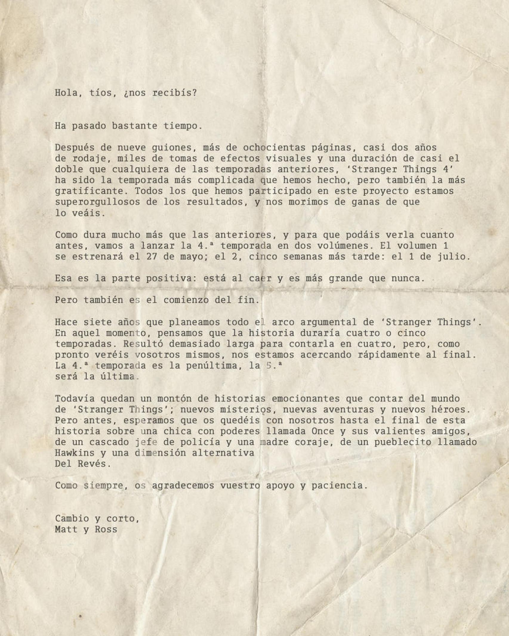 Carta de los hermanos Duffer.