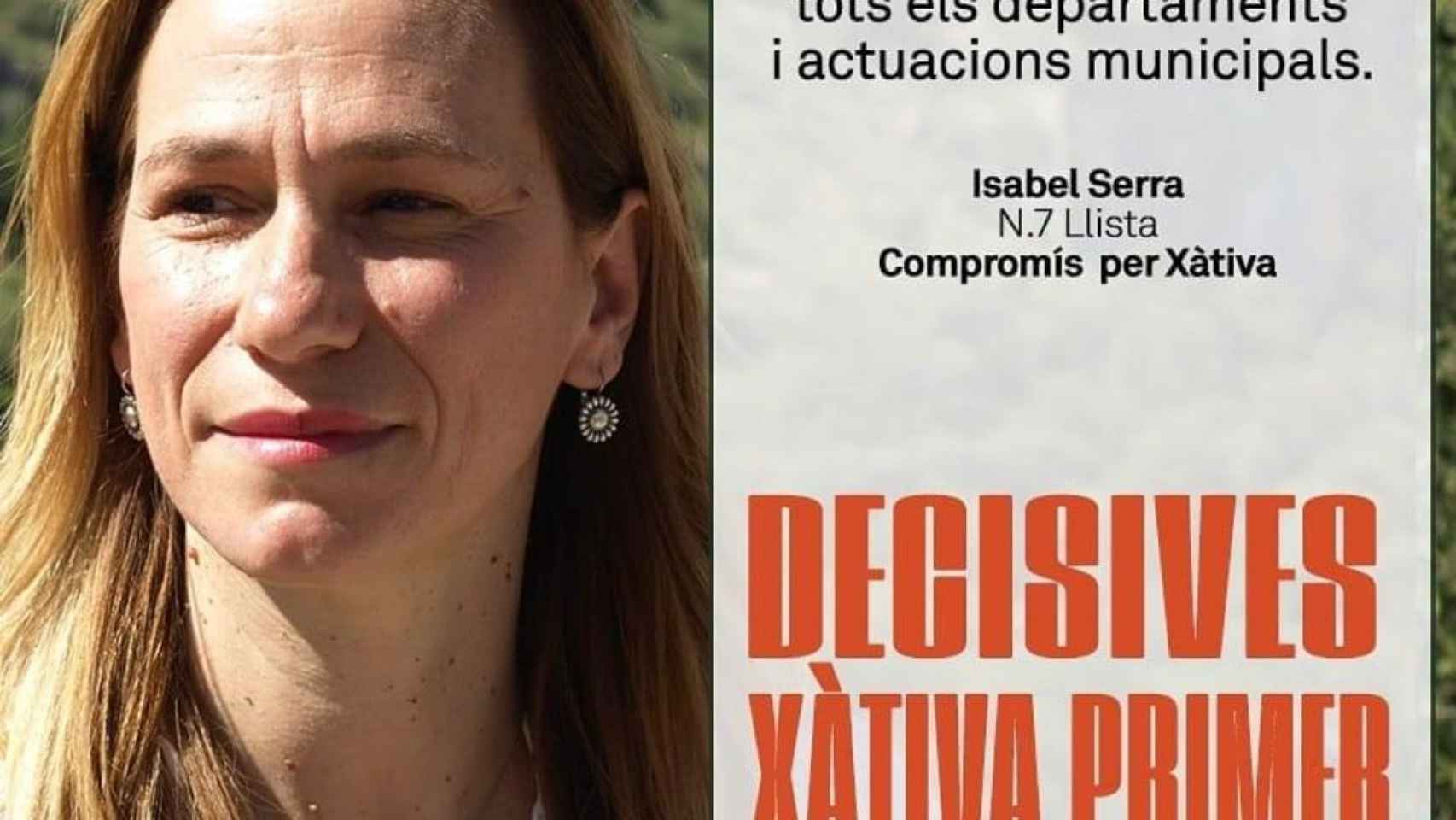 Isabel Serra, en el cartel electoral que presentó Compromís en Xàtiva en 2019.