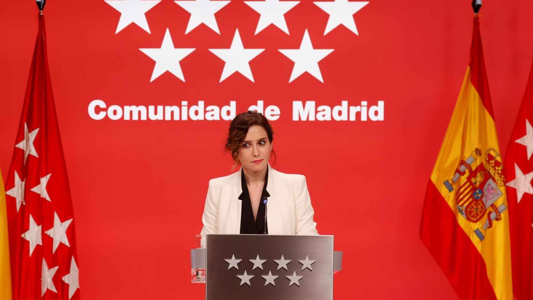 La presidenta de la Comunidad de Madrid, Isabel Díaz Ayuso, en su comparecencia de este jueves. Efe