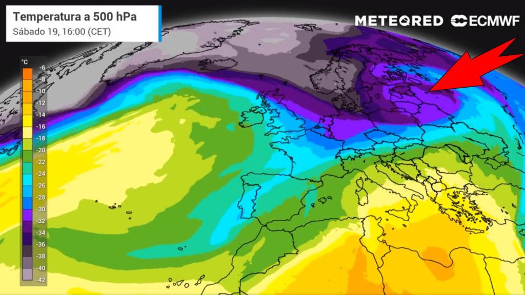 El paso de la borrasca Eunice por el norte de Europa y la vaguada polar que arrastra. METEORED.