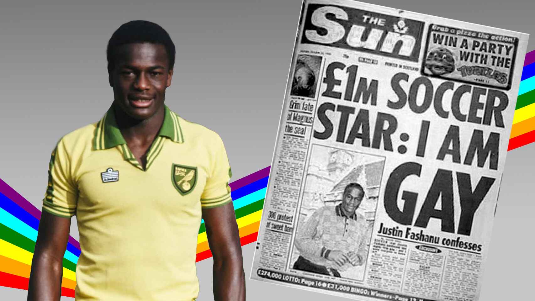 Fotomontaje de Justin Fashanu junto a la portada de The Sun en la que confesó su homosexualidad