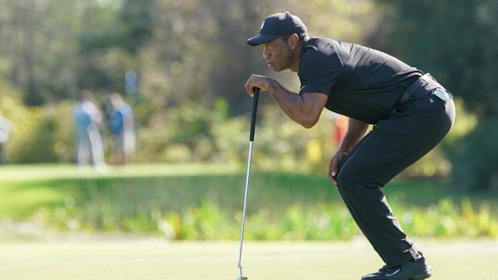 Tiger Woods mira una bola tras un golpe en un partido