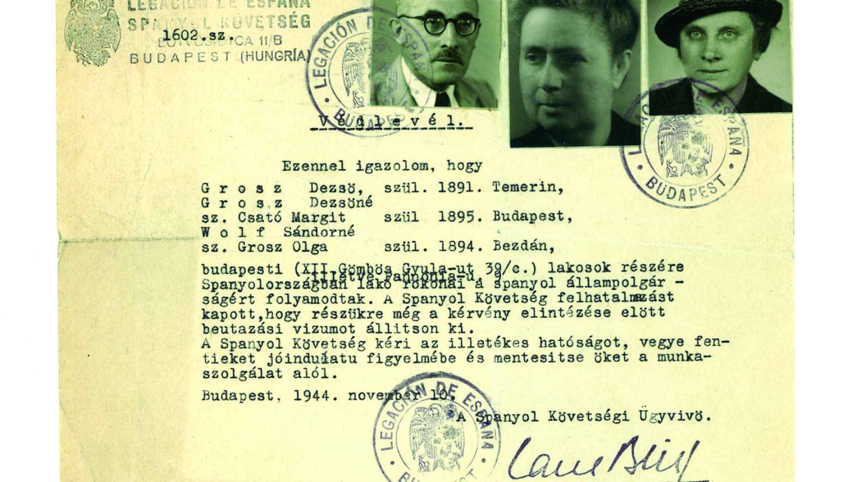 Salvoconducto expedido por la embajada española en Budapest en 1944 para salvar a unos judíos de origen supuestamente español