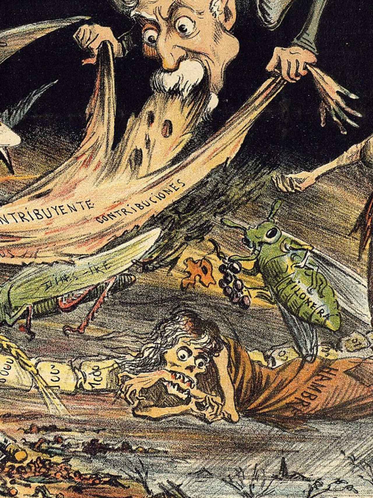 Una caricatura de 1885 en la que la filoxera es una de las plagas que azotaban España.