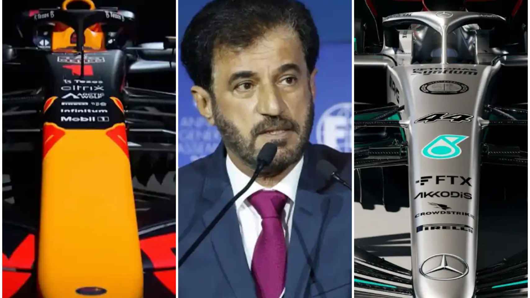 El Red Bull y el Mercedes de 2022 junto al presidente de la FIA Ben Sulayem