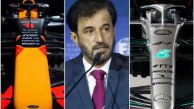 El Red Bull y el Mercedes de 2022 junto al presidente de la FIA Ben Sulayem