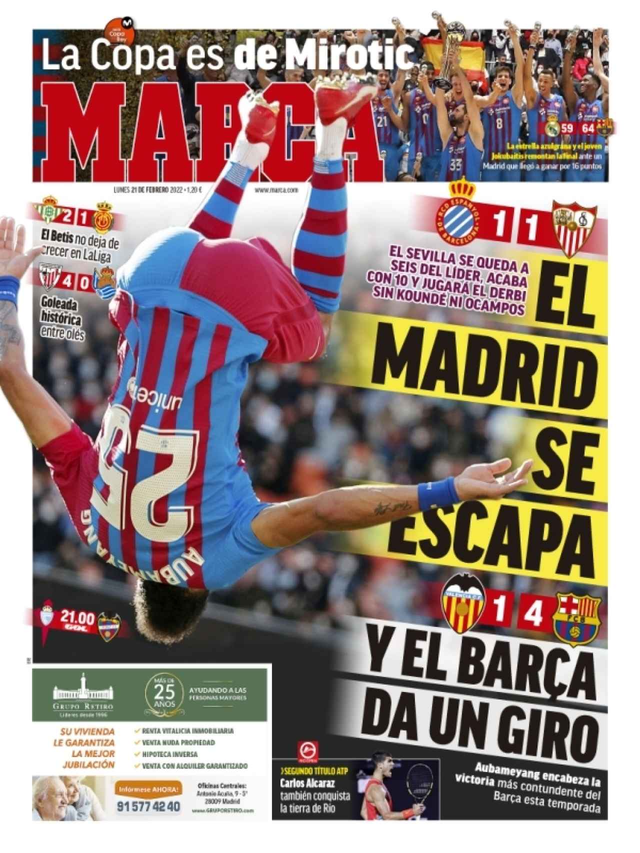 La portada del diario MARCA (21/02/2022)