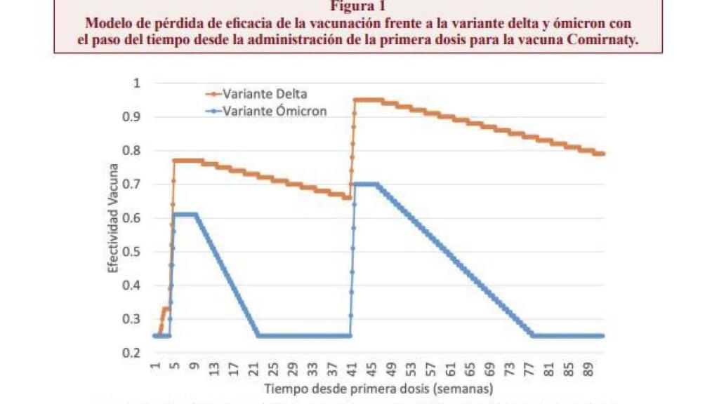 Modelo de pérdida de efi cacia de la vacunación frente a la variante delta y ómicron con el paso del tiempo desde la administración de la primera dosis para la vacuna Comirnaty.