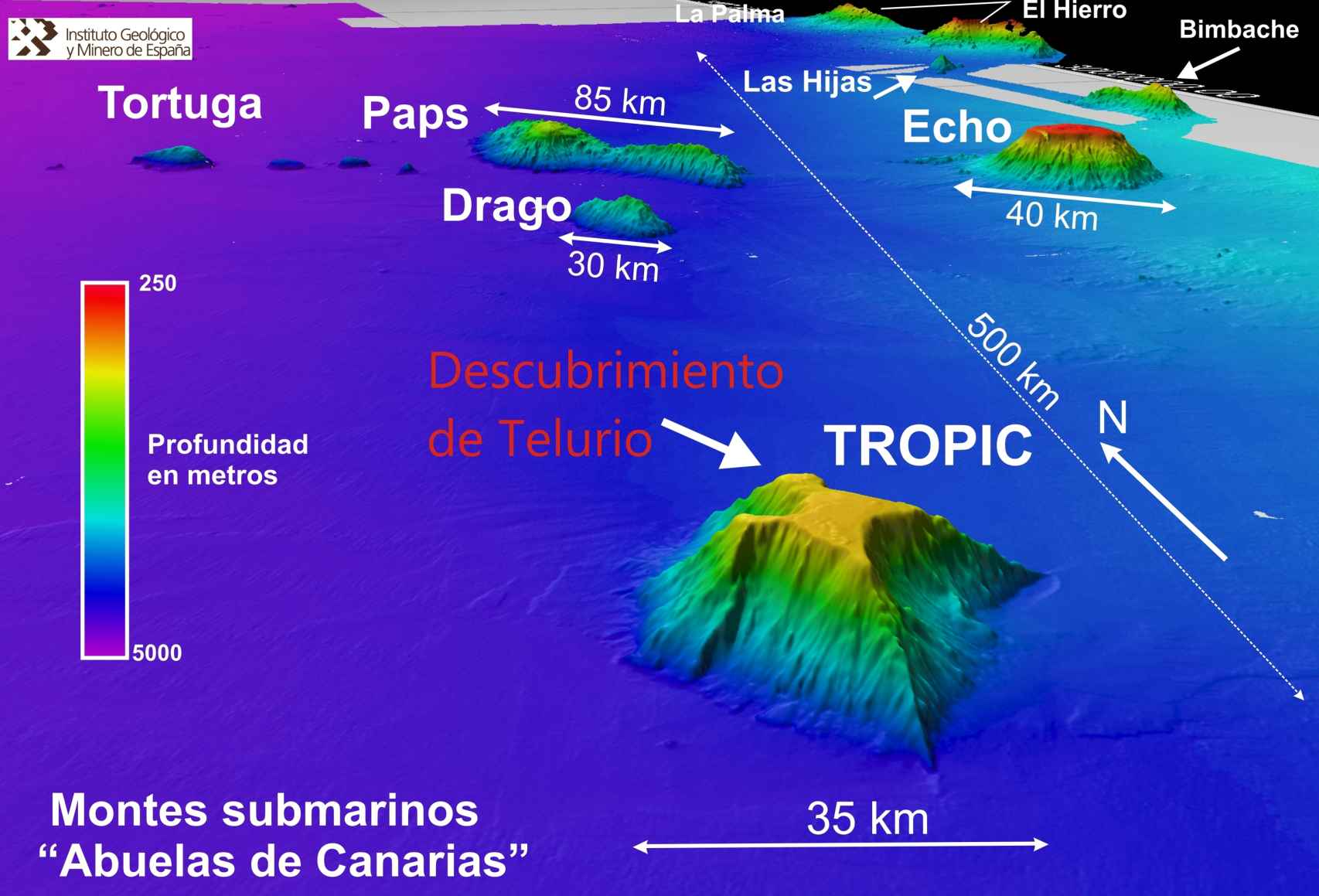 Mapa de los montes submarinos en el entorno de Canarias.