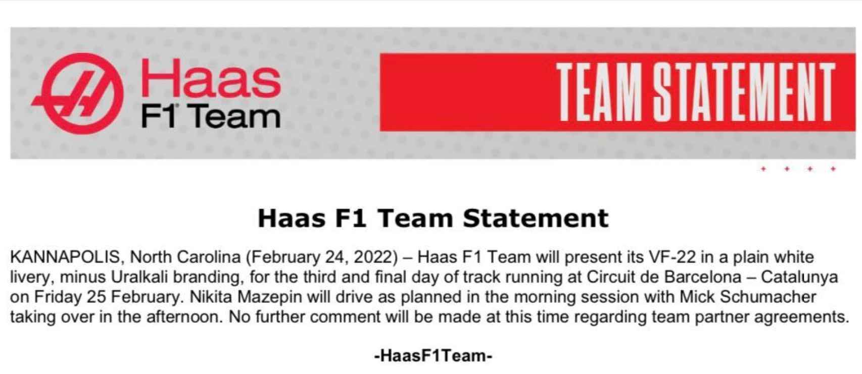 El comunicado de Haas.