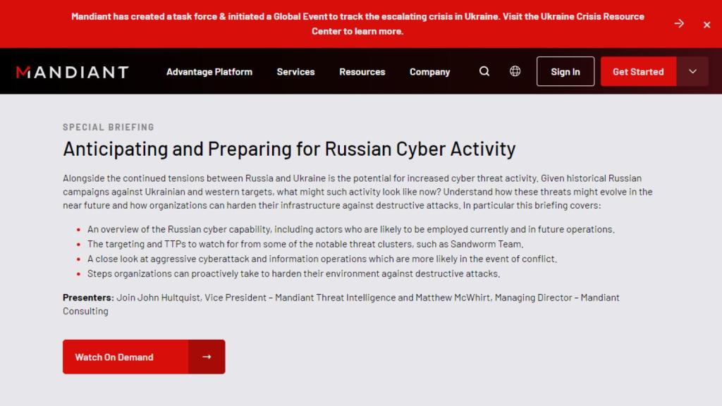 Captura de la web de Mandiant, ciberseguridad en el conflicto entre Ucrania y Rusia